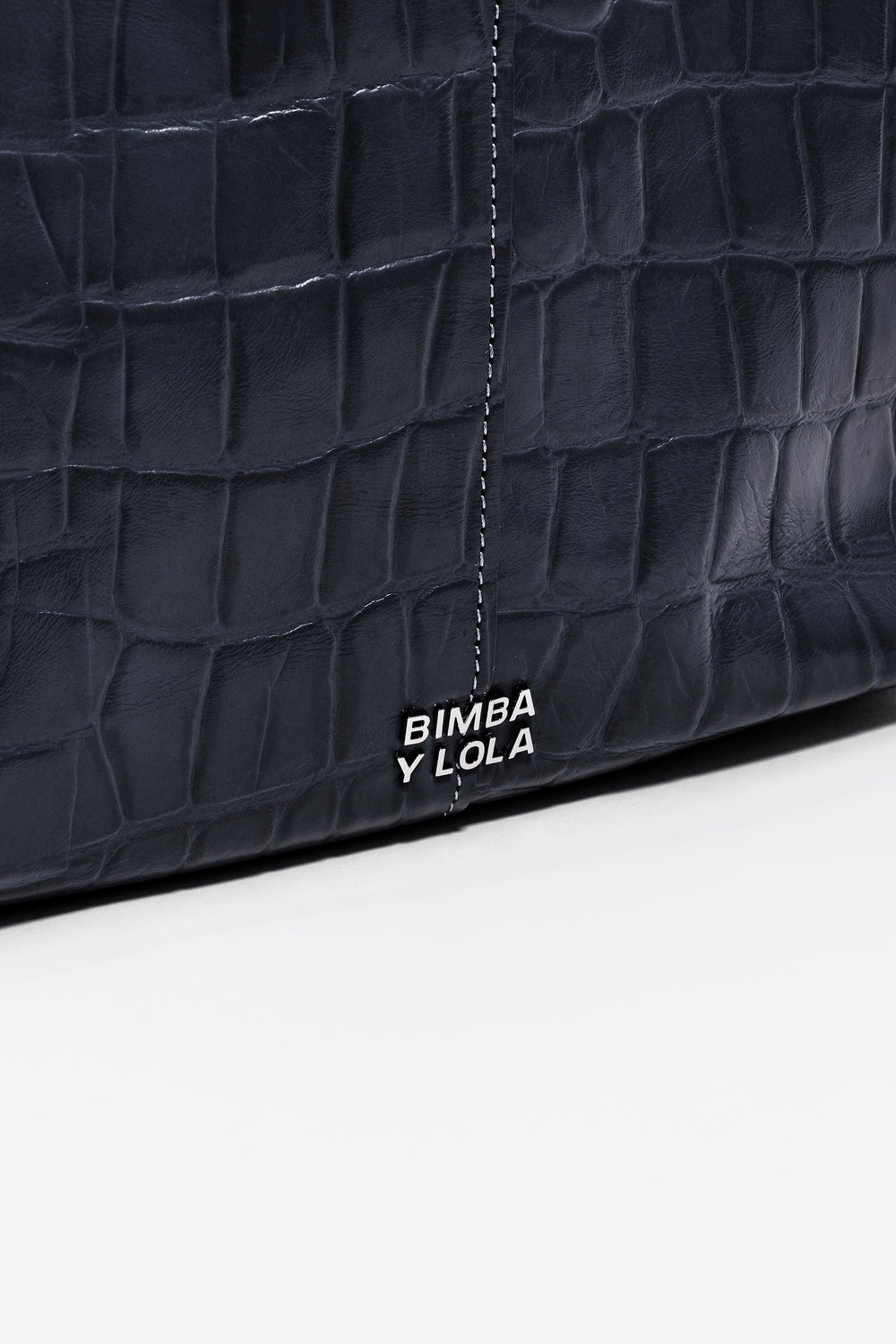 Medium leather shopper bag in petrol blue crocodile embossed