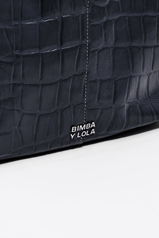Medium leather shopper bag in petrol blue crocodile embossed