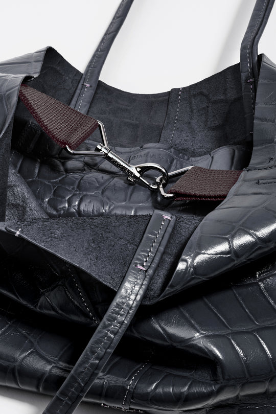 Medium leather shopper bag in petrol blue crocodile embossed