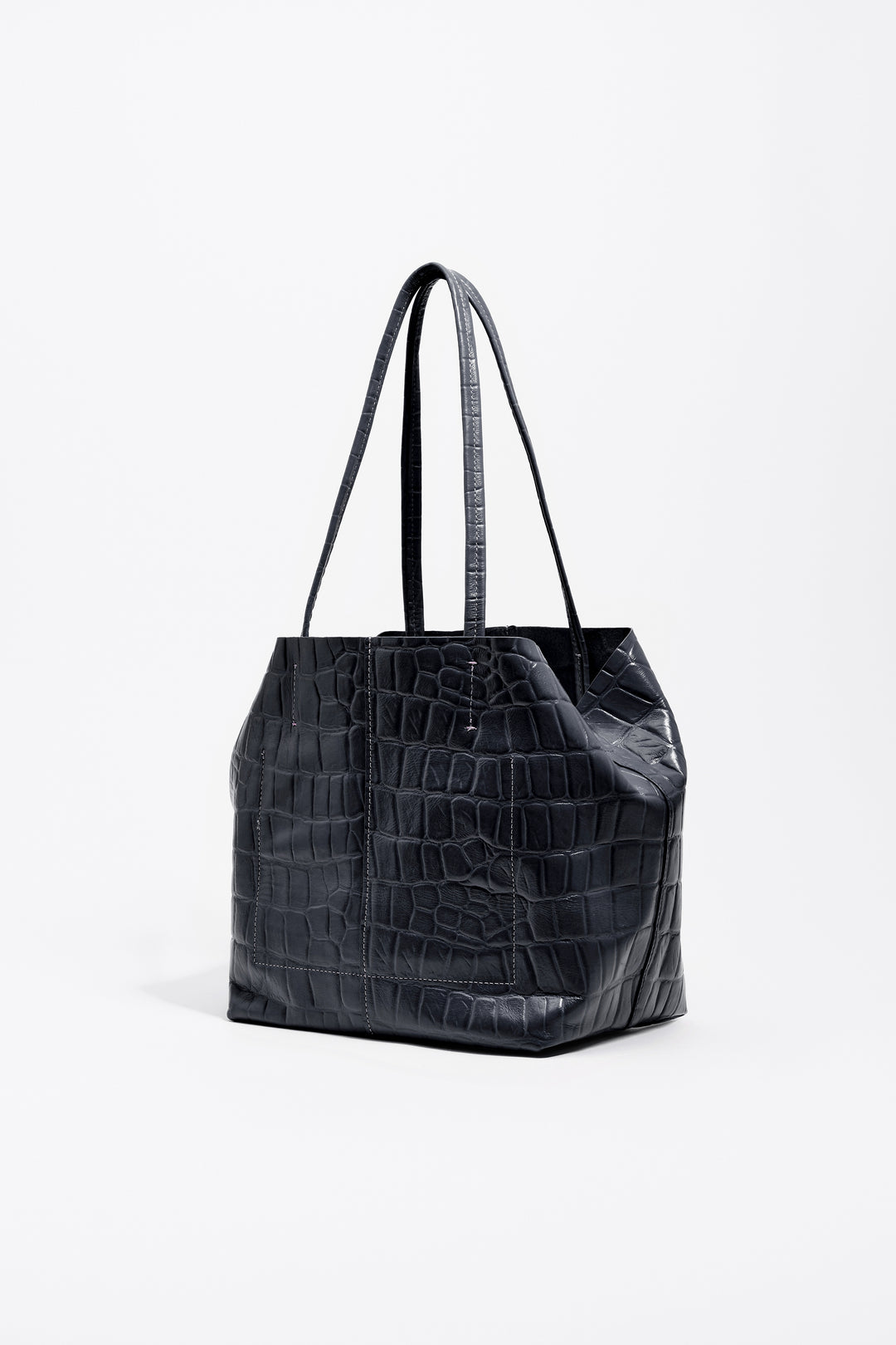 Medium leather shopper bag in petrol blue crocodile embossed