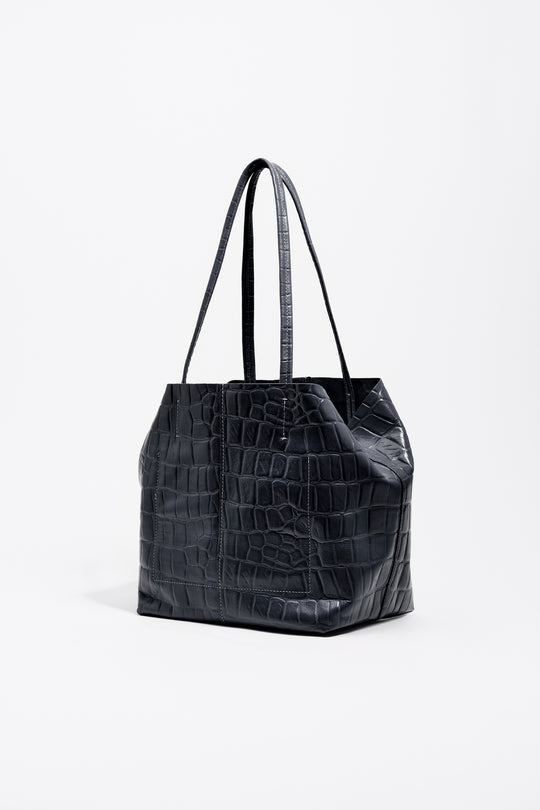 Medium leather shopper bag in petrol blue crocodile embossed
