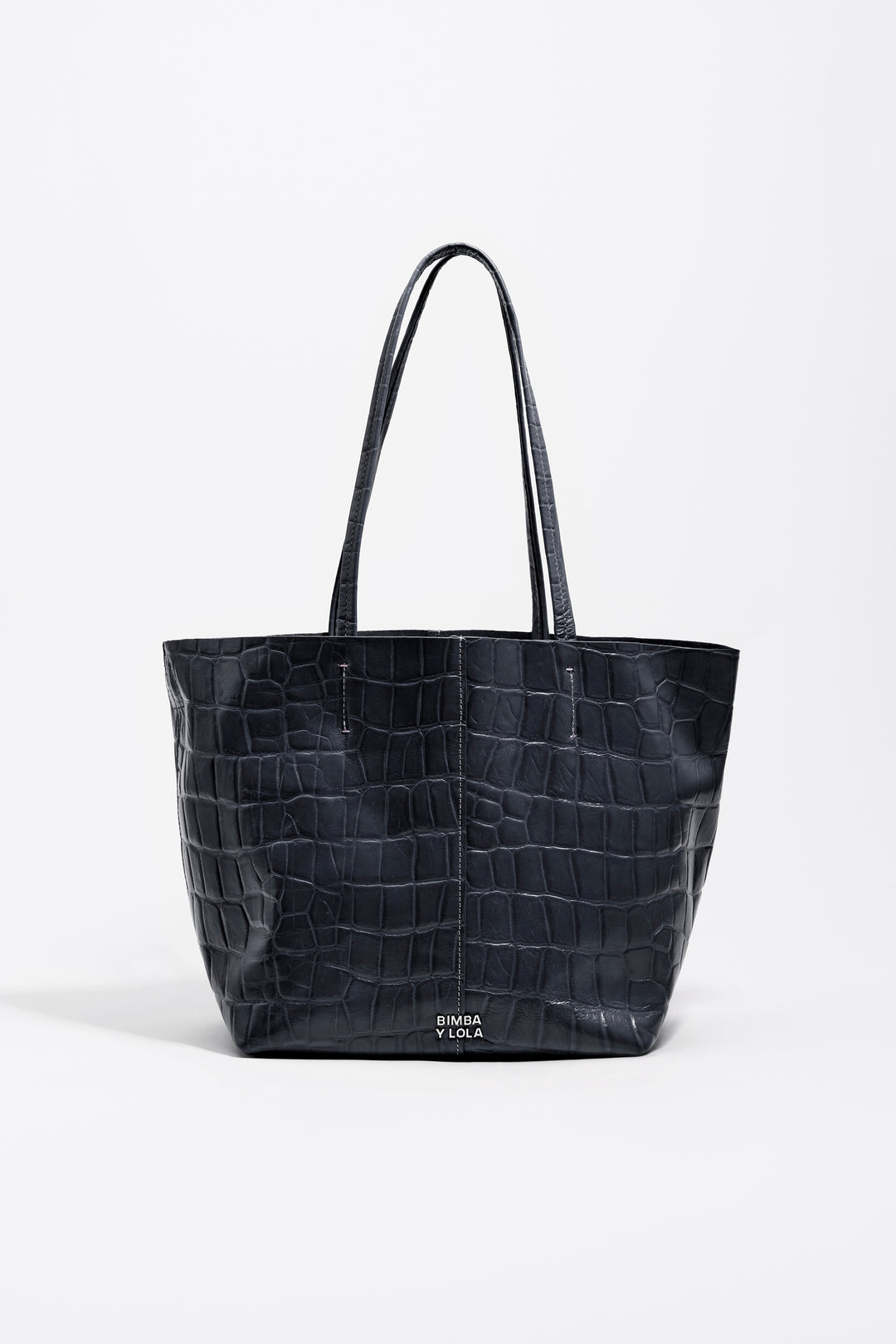Medium leather shopper bag in petrol blue crocodile embossed