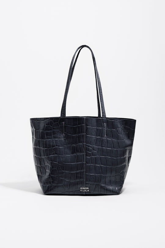 Medium leather shopper bag in petrol blue crocodile embossed