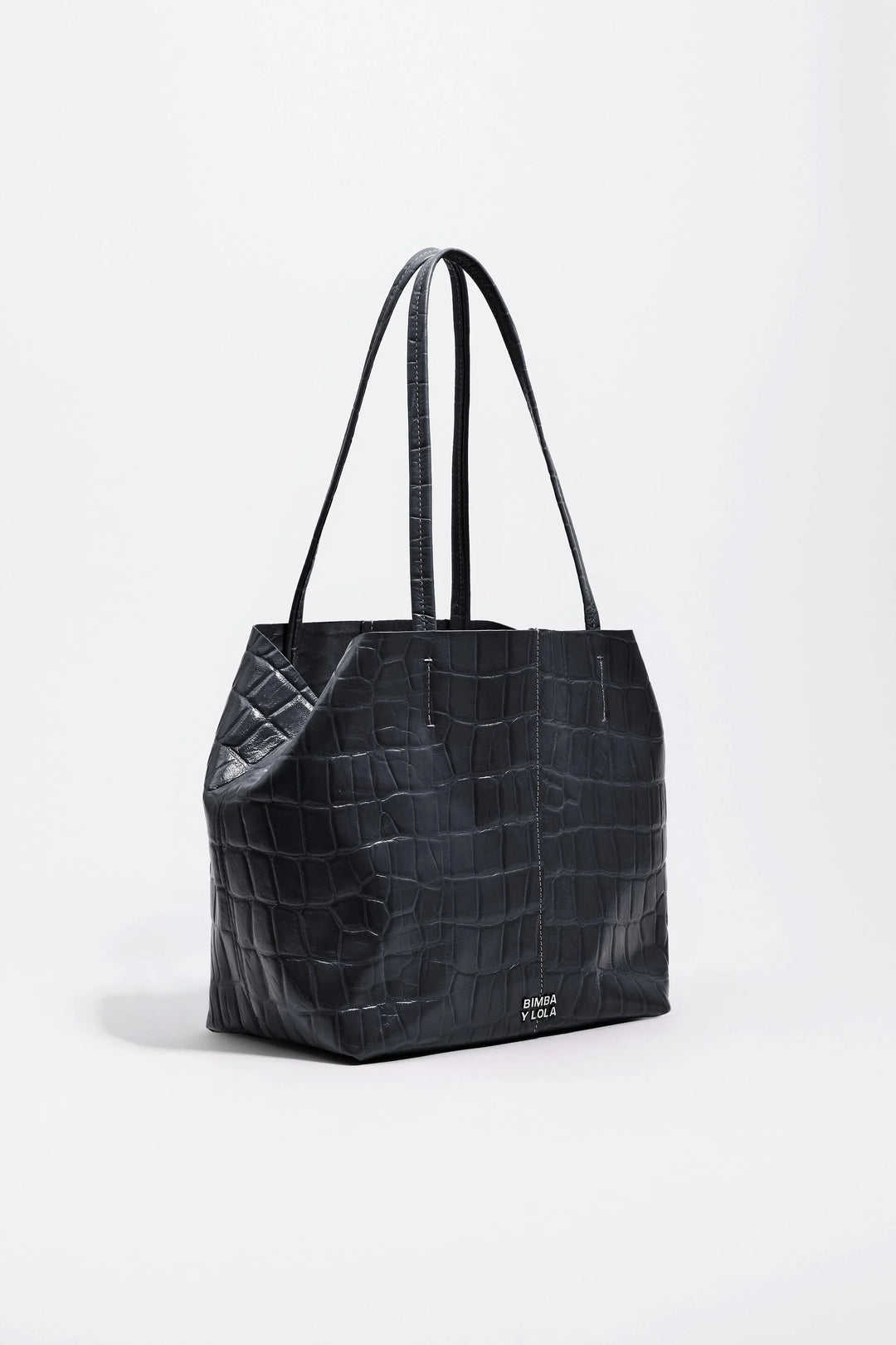 Medium leather shopper bag in petrol blue crocodile embossed