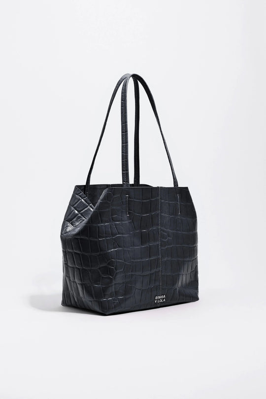 Medium leather shopper bag in petrol blue crocodile embossed
