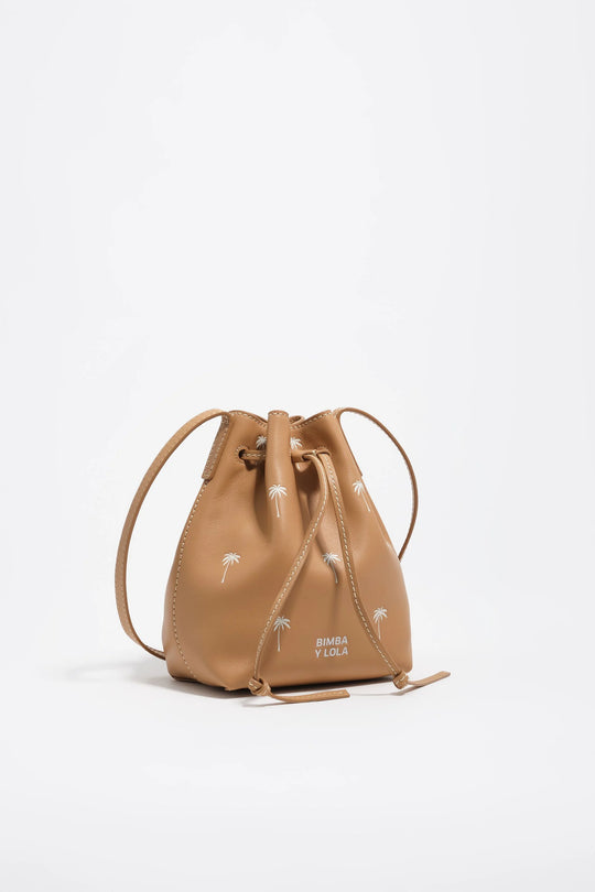 Hazelnut small leather bucket bag