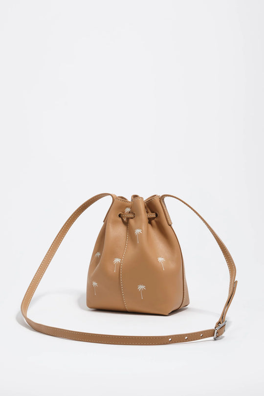 Hazelnut small leather bucket bag