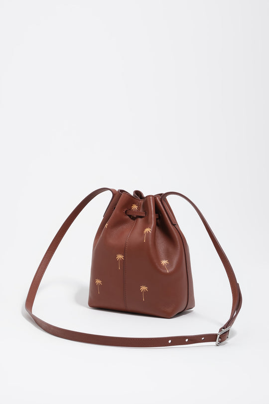 Small Palms walnut leather Carlino bucket bag