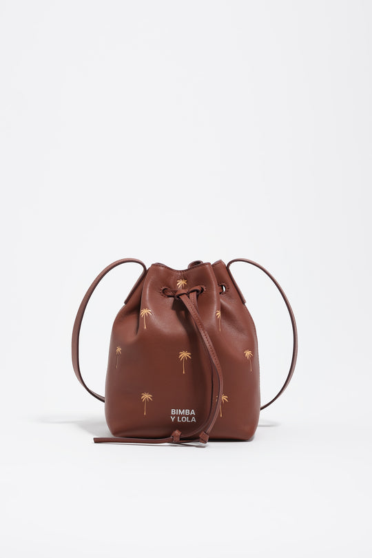 Small Palms walnut leather Carlino bucket bag