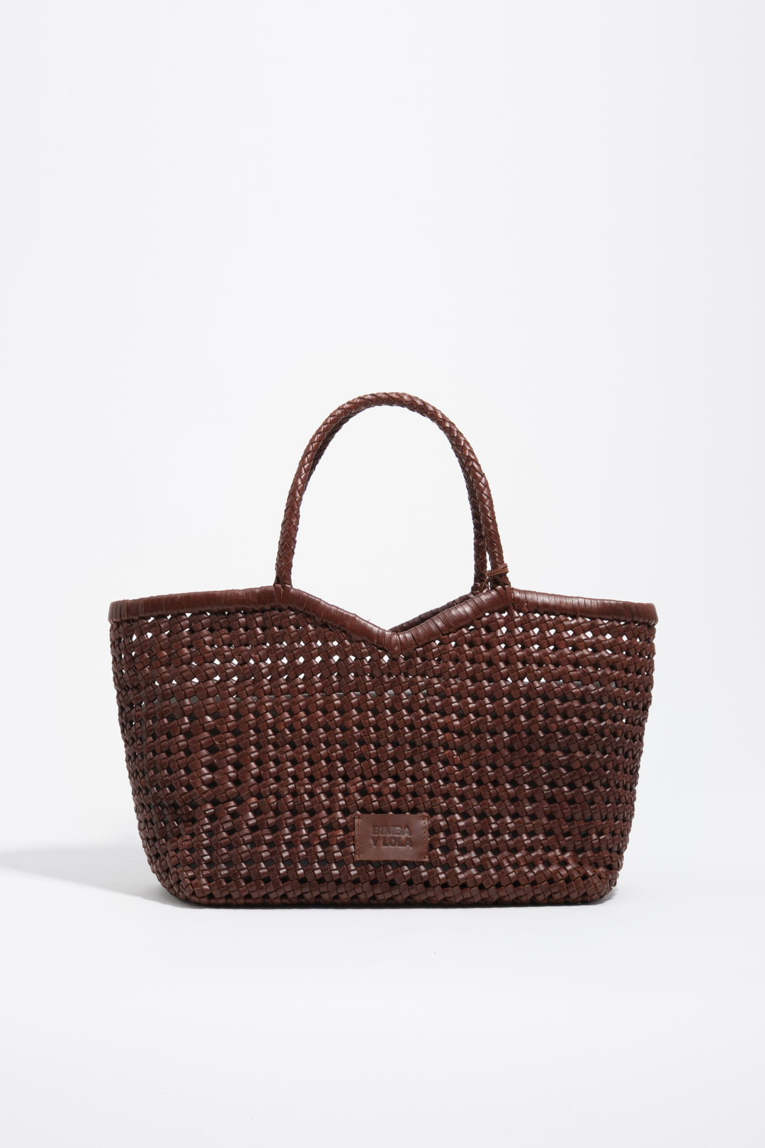 Large plaited walnut leather shopper bag