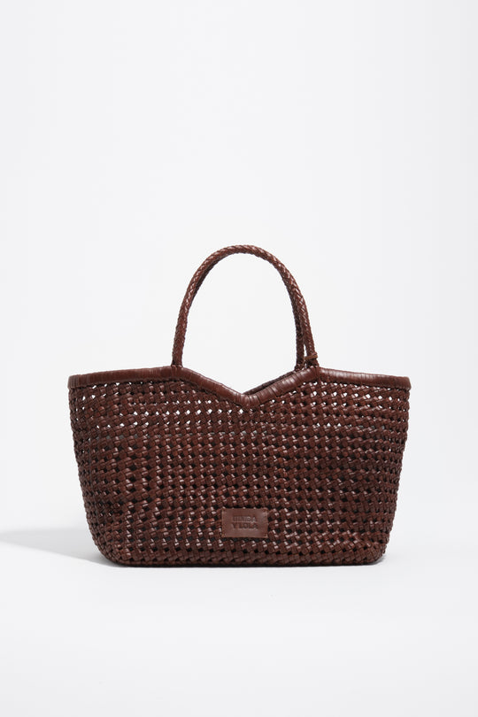 Large plaited walnut leather shopper bag