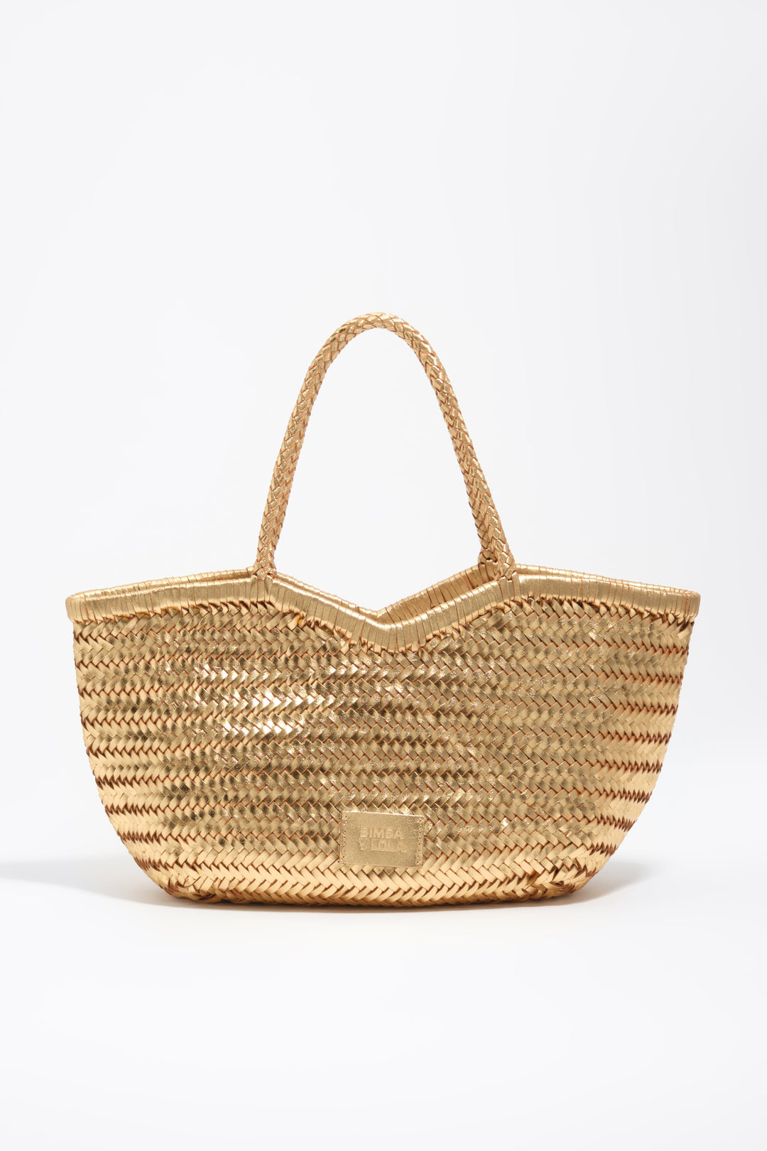 Large plaited gold leather shopper bag