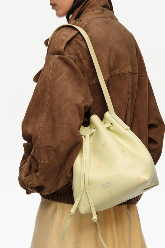 Large Palms pale green leather Carlino bucket bag