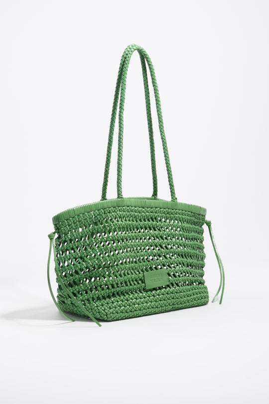 Large emerald plaited leather shopper bag