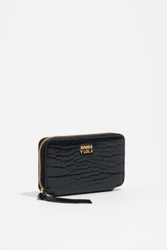 Black embossed crocodile leather compact purse