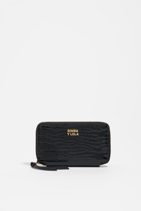 Black embossed crocodile leather compact purse