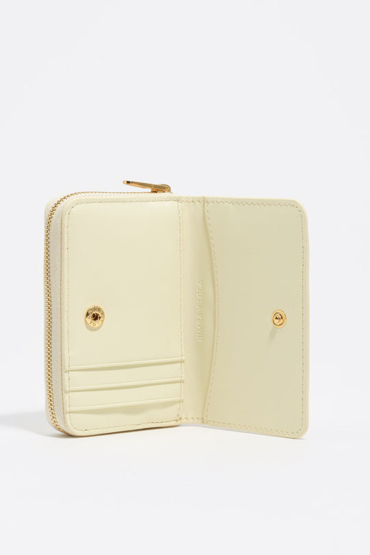 Yellow and purple flap purse with Bimba logo