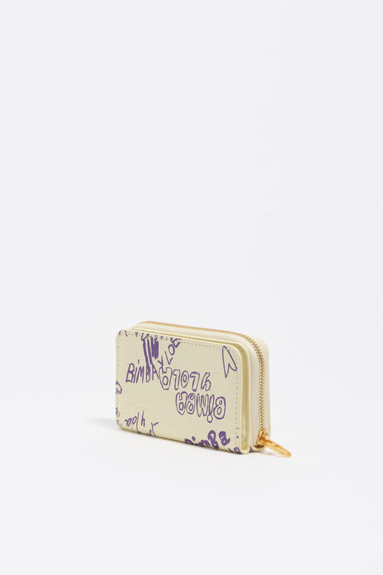 Yellow and purple flap purse with Bimba logo