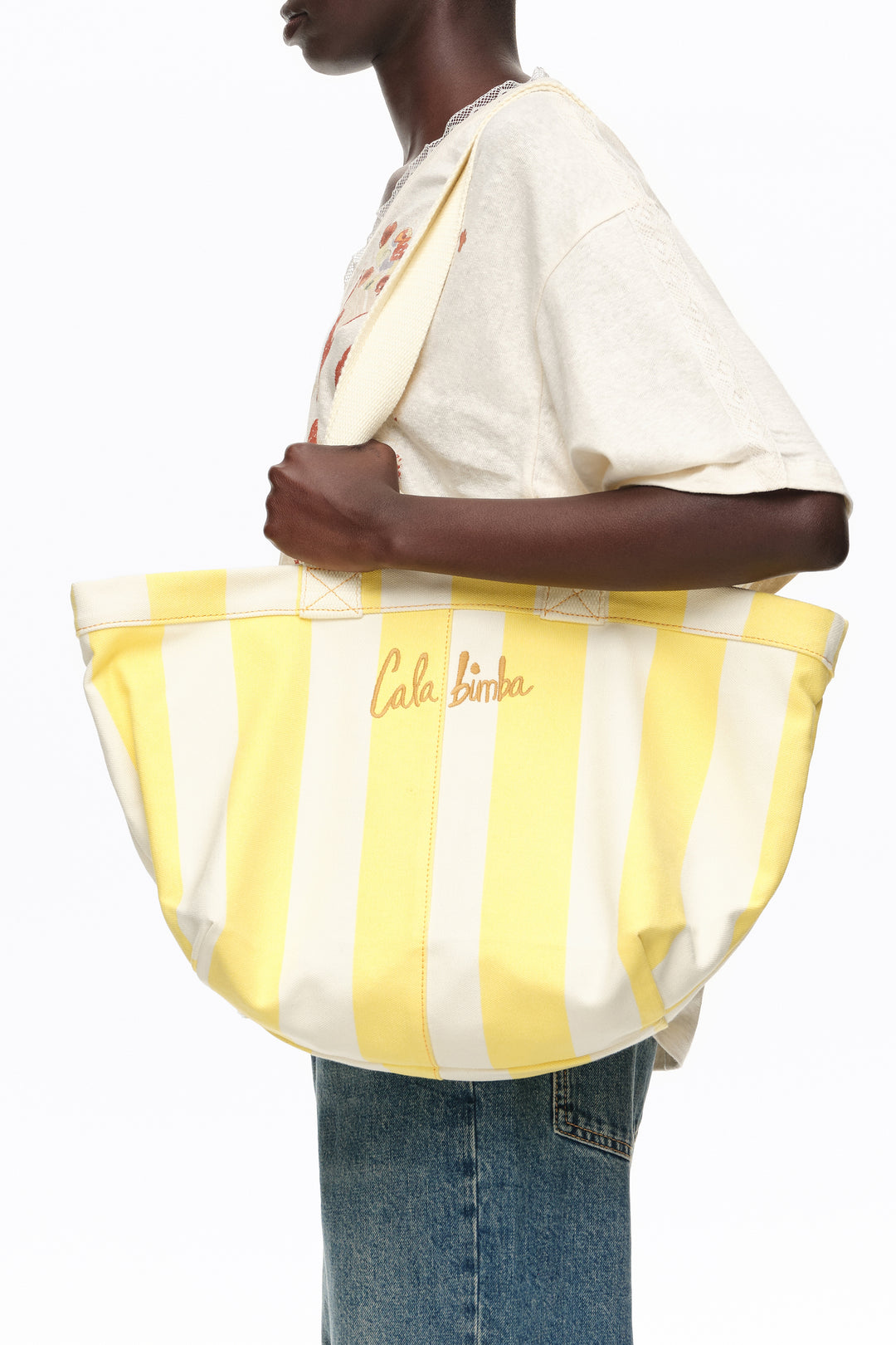 Lime striped cotton maxi beach bag