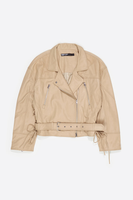 Light stone leather adjustable double-breasted jacket