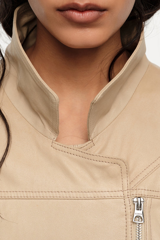 Light stone leather adjustable double-breasted jacket