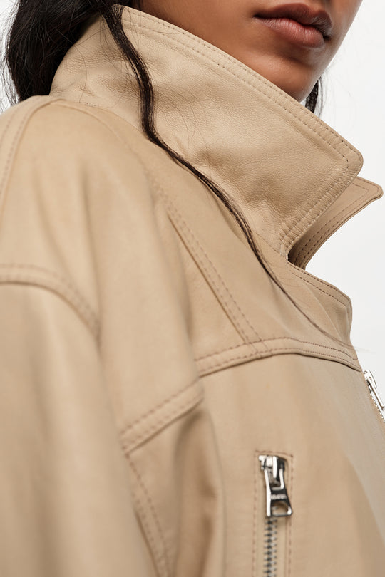Light stone leather adjustable double-breasted jacket