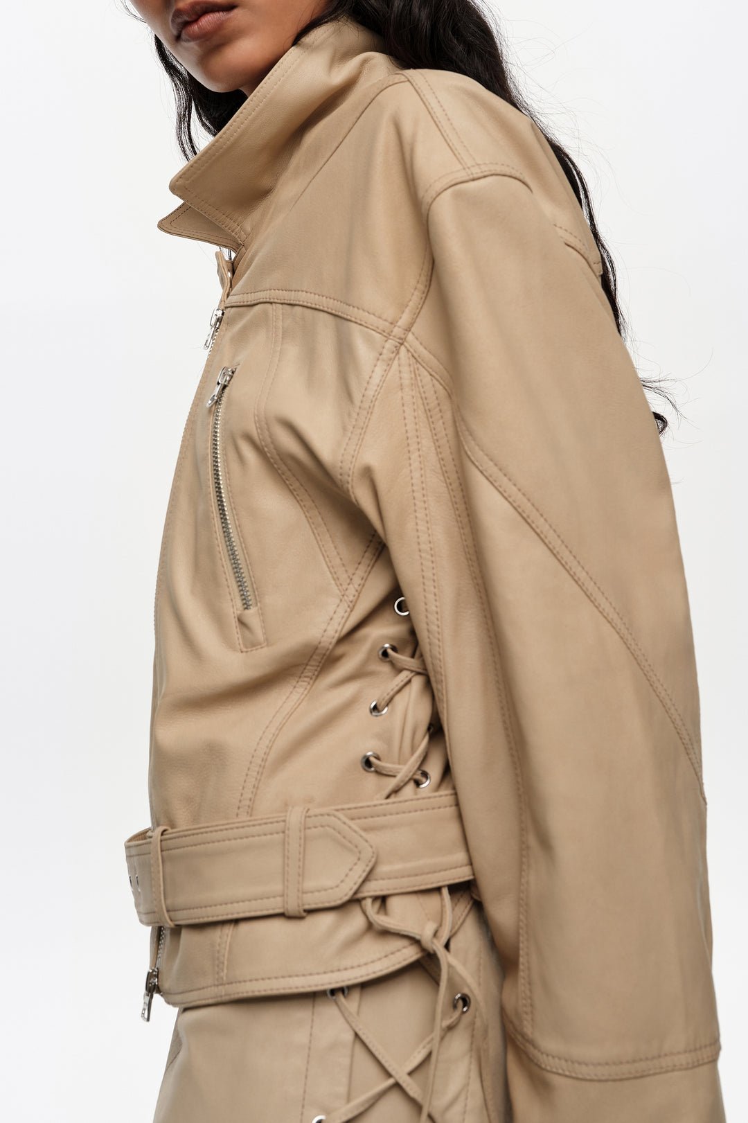 Light stone leather adjustable double-breasted jacket