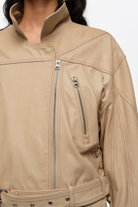 Light stone leather adjustable double-breasted jacket
