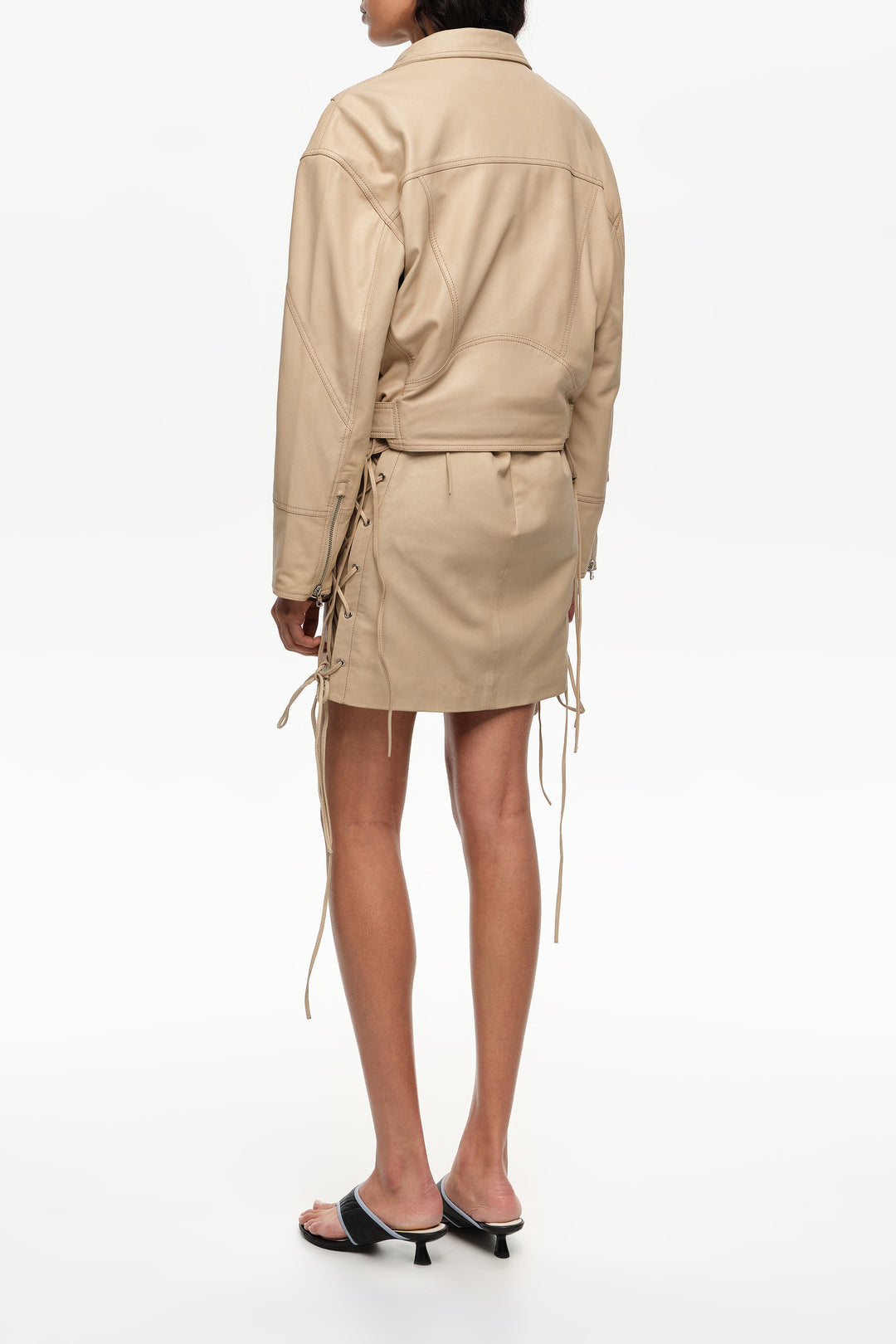 Light stone leather adjustable double-breasted jacket