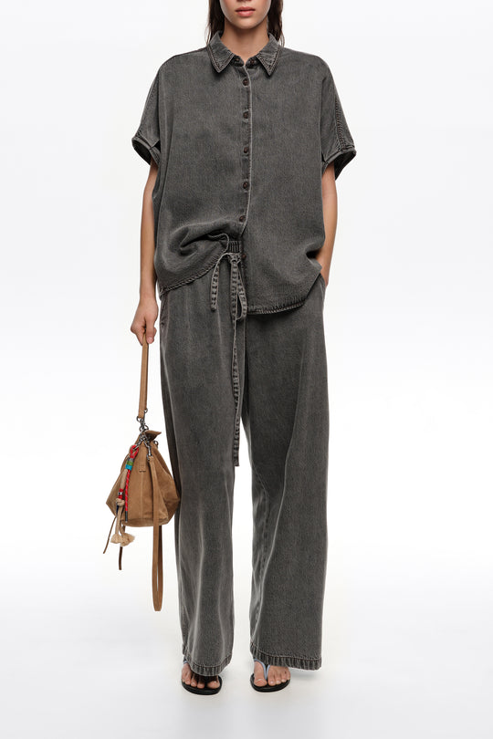 Black washed denim cape shirt
