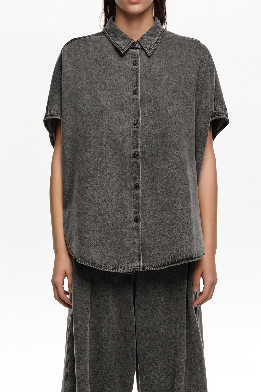 Black washed denim cape shirt