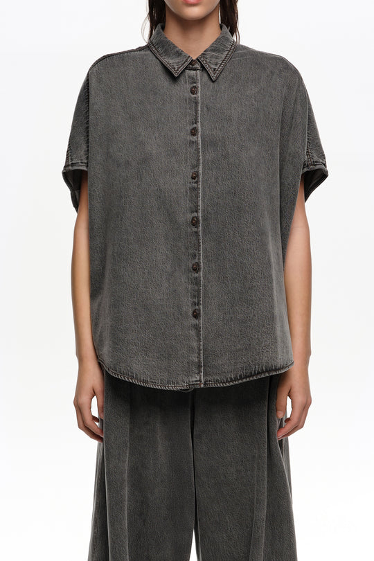 Black washed denim cape shirt