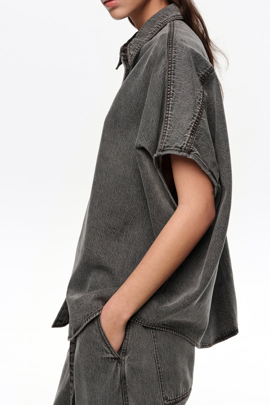 Black washed denim cape shirt