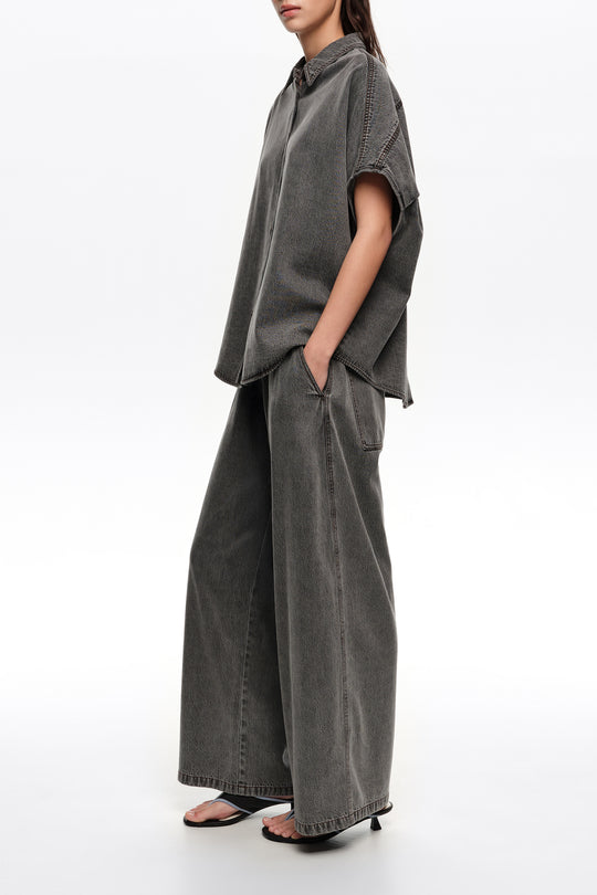 Black washed denim cape shirt