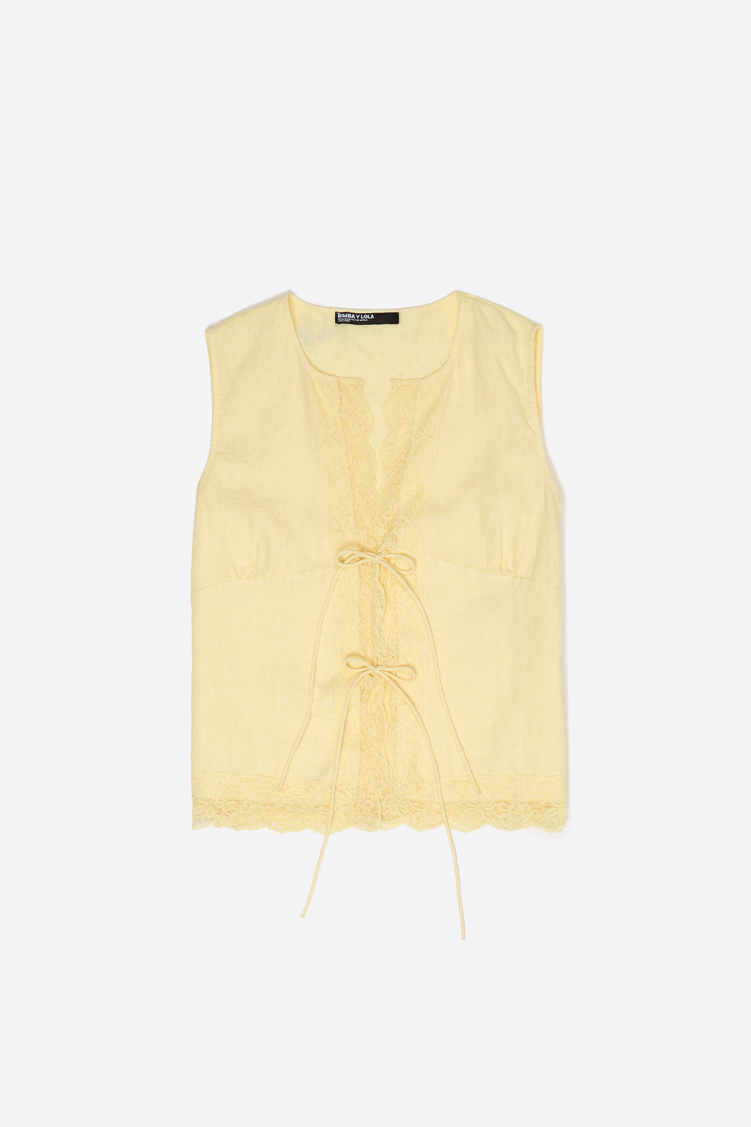 Yellow linen sleeveless shirt with lace and ties