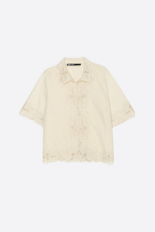 Beige linen cotton embroidered shirt
