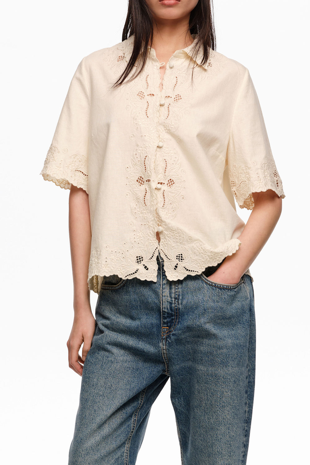 Beige linen cotton embroidered shirt