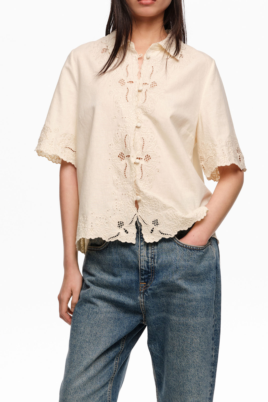 Beige linen cotton embroidered shirt