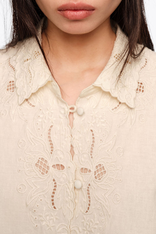 Beige linen cotton embroidered shirt