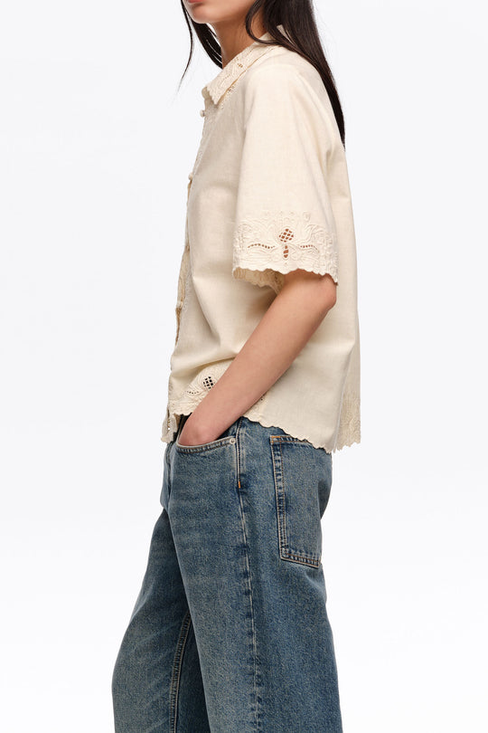 Beige linen cotton embroidered shirt