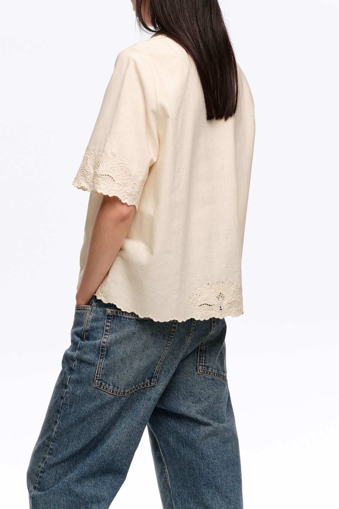 Beige linen cotton embroidered shirt