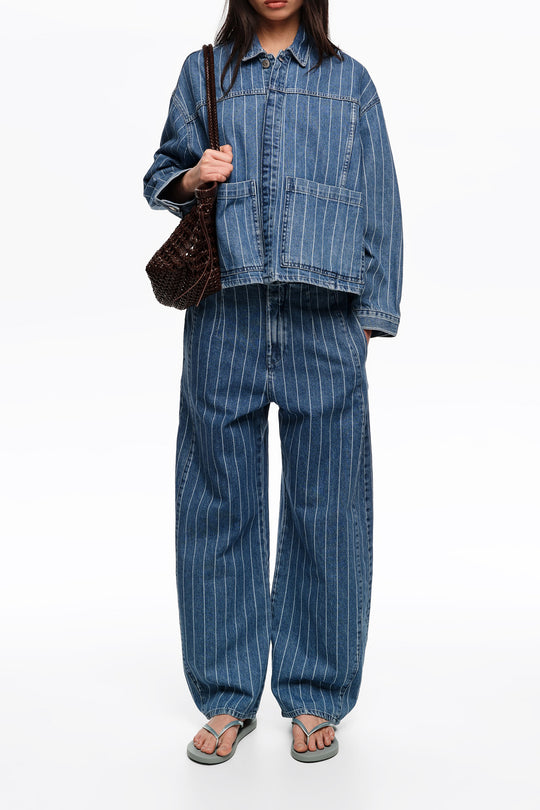 Faded A-line denim jacket with blue stripes