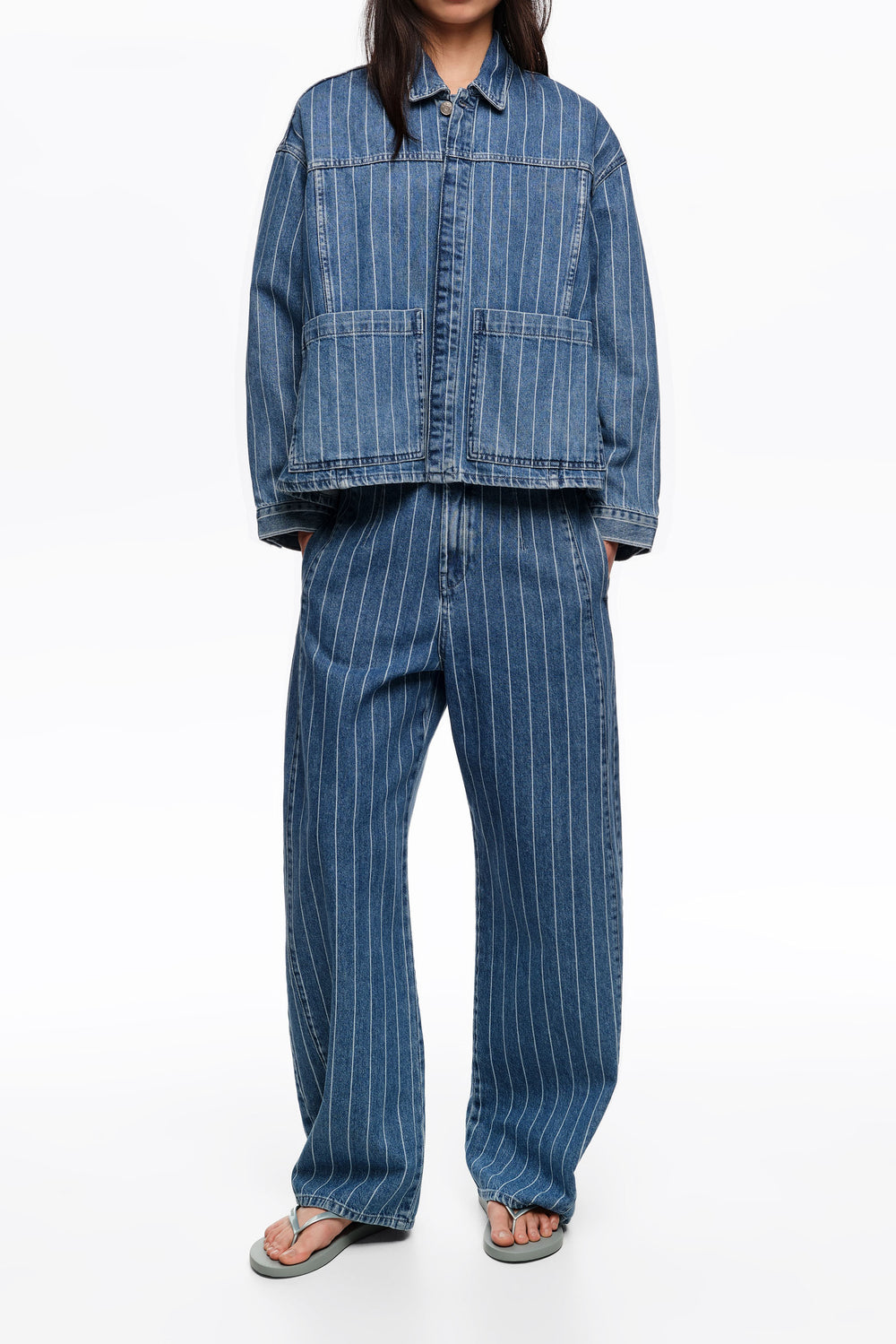 Faded A-line denim jacket with blue stripes