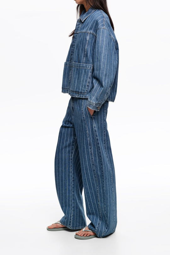 Faded A-line denim jacket with blue stripes