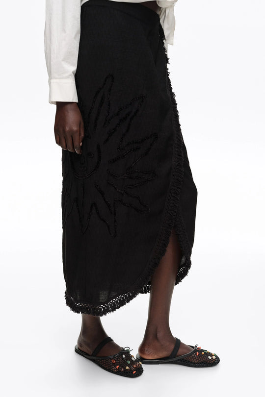 Black fringed midi sarong skirt
