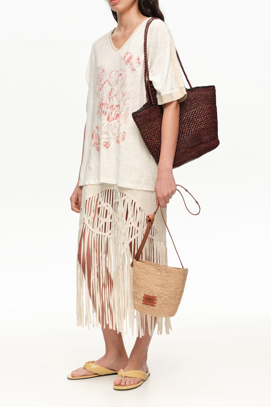 Sand irregular fringed linen skirt