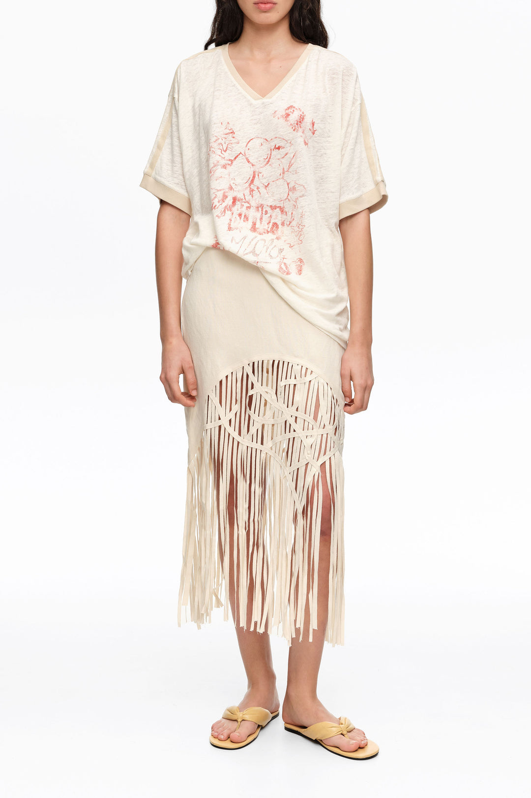 Sand irregular fringed linen skirt