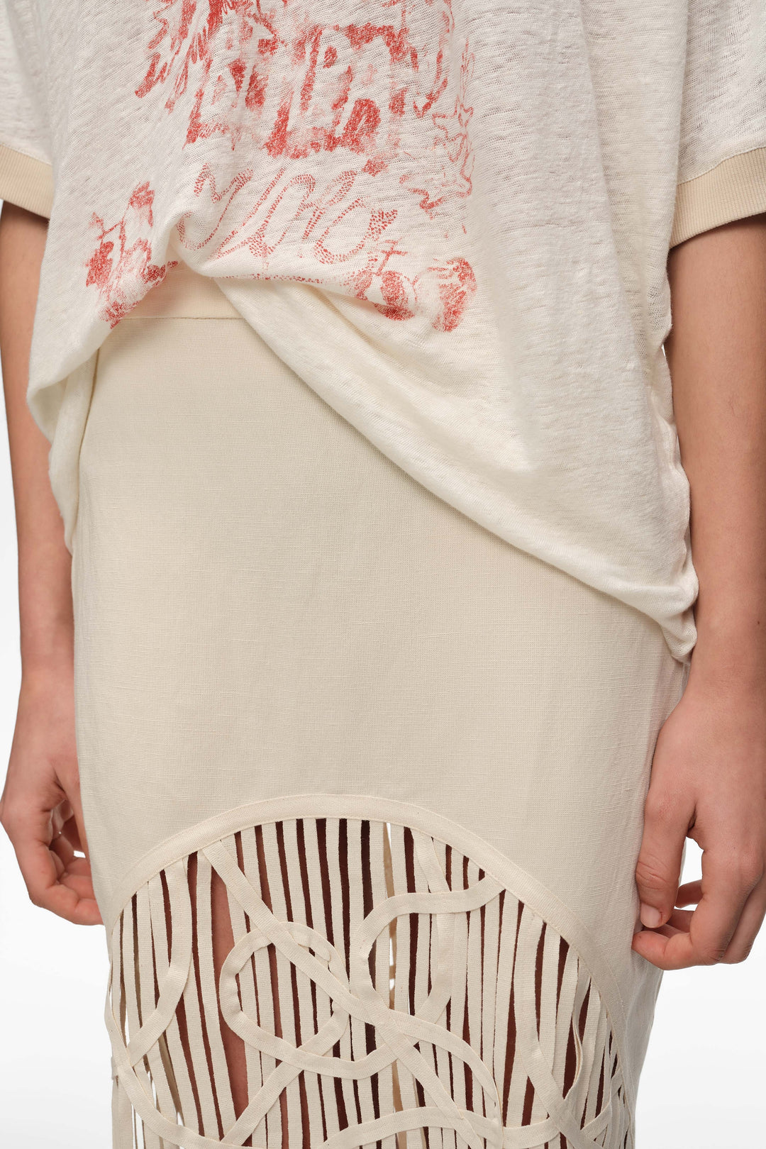 Sand irregular fringed linen skirt