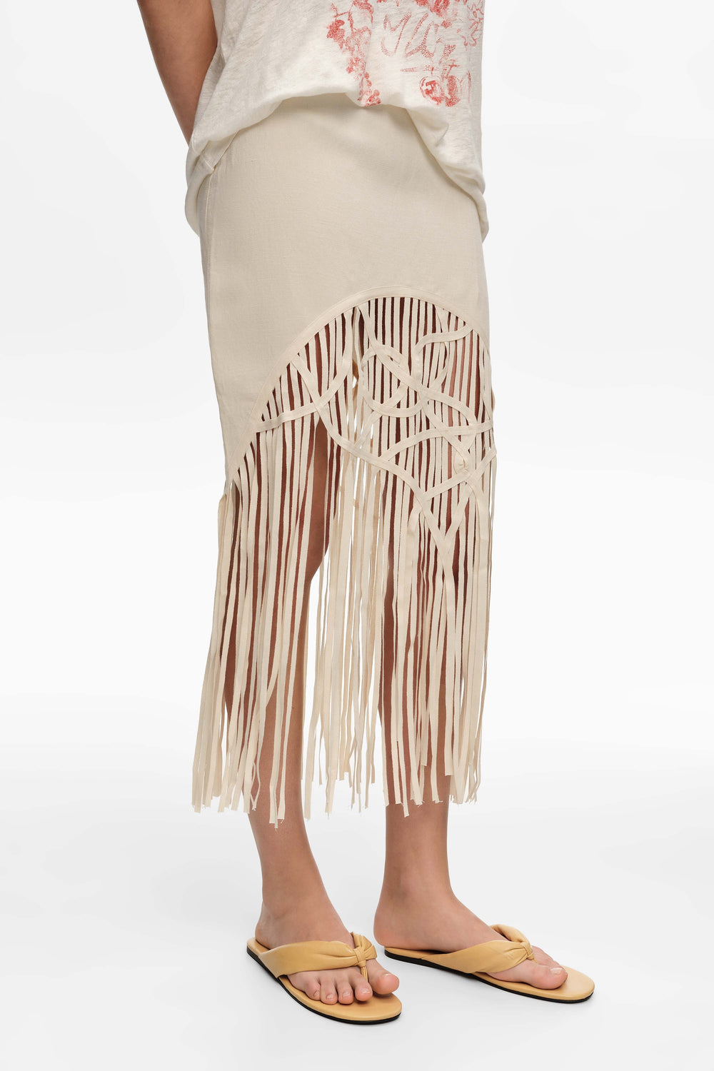 Sand irregular fringed linen skirt