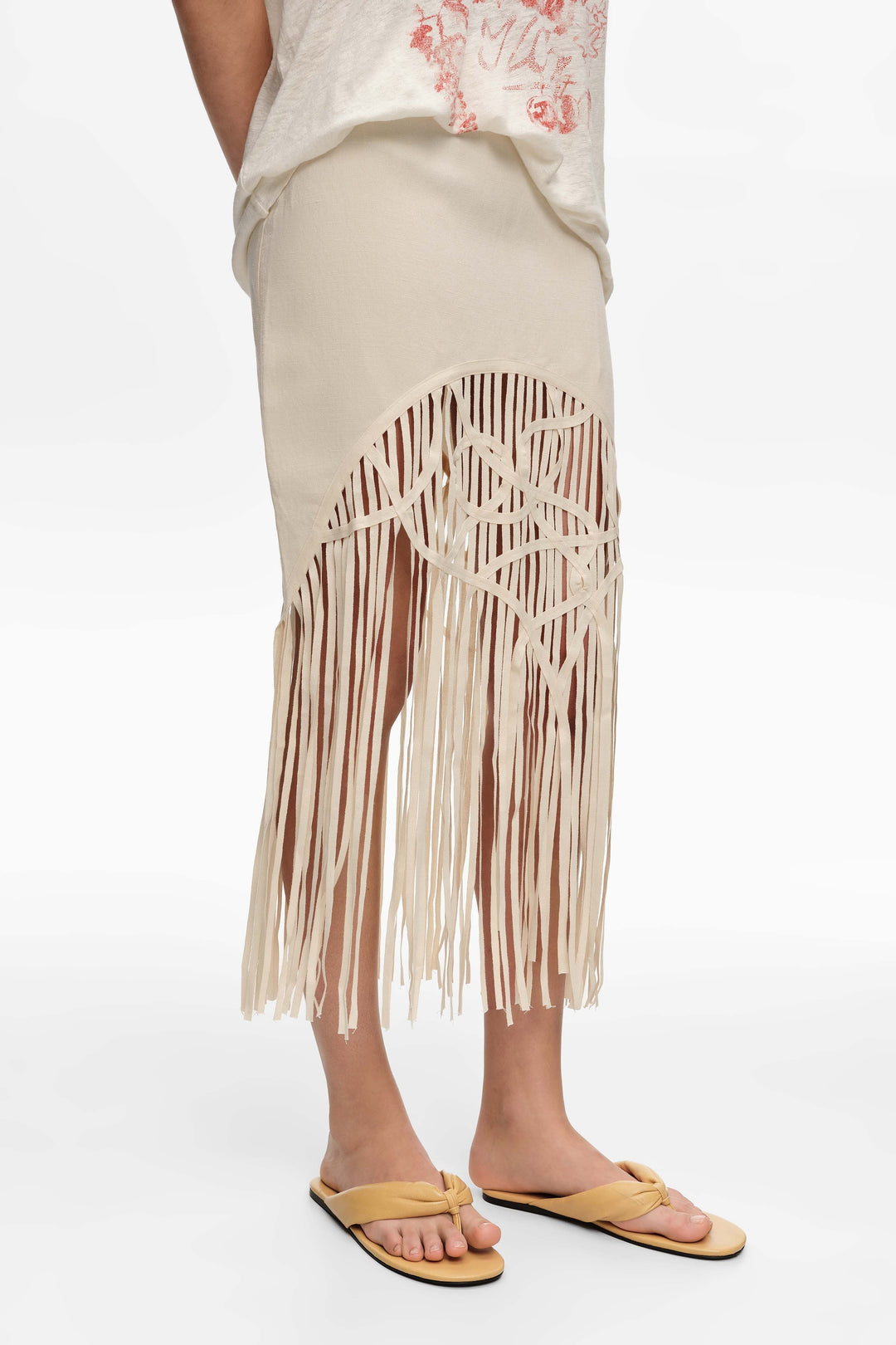 Sand irregular fringed linen skirt